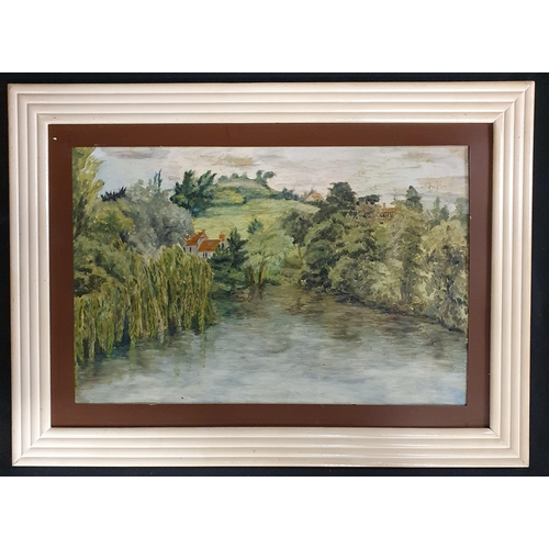 657 - An Oil On Board of a lake scene with a house in the distance along with another Watercolour. 36 x 52... 