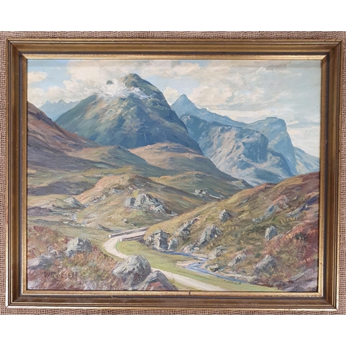 703 - William Russell. A 20th Century Oil on Board of a mountainous scene. Signed W Russell LL. Possibly I... 