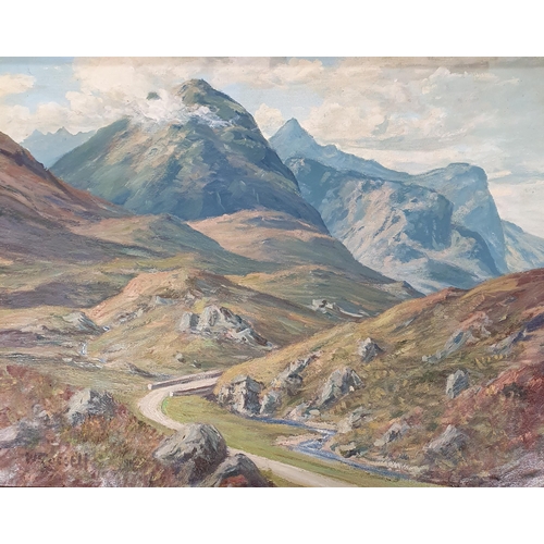 703 - William Russell. A 20th Century Oil on Board of a mountainous scene. Signed W Russell LL. Possibly I... 