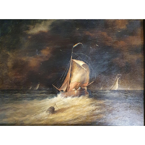 708 - R Cavalla. An Oil on Board of a sailing ship in choppy seas. Signed LL. 30 x 40 cm approx.