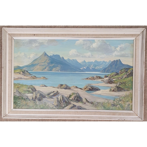 713 - William Russell. A 20th Century Oil on Board of a mountainous landscape with lake to the fore. Signe... 