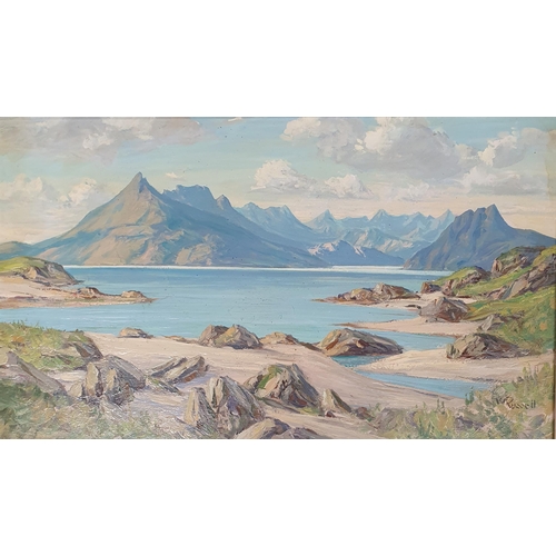 William Russell. A 20th Century Oil on Board of a mountainous landscape with lake to the fore. Signed W Russell. 40 x 68 cm approx.