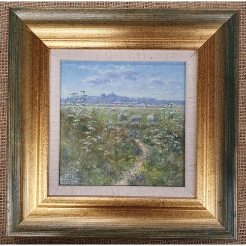 721 - A 20th Century Oil on Board of sheep in a field with a village in the distance. Inscribed verso 'Rye... 