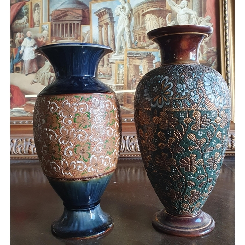 755 - A 19th Century Royal Doulton salt glaze Vase along with another. (Damage to rim and base of one).H 2... 