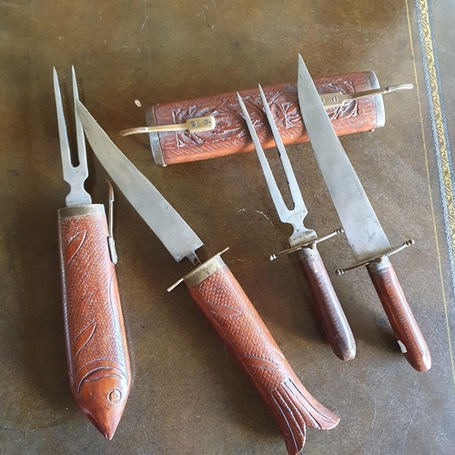 759 - Two 19th Century Meat Carving sets along with a set of six sherry glasses, cased teaspoons, a brass ... 