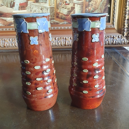 773 - A good pair of 19th Century Royal Doulton Salt Glaze Vases. H 21 cm approx.