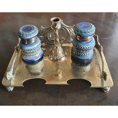 774 - A lovely 19th Century Brass Desk Set with a pair of 19th Century Royal Doulton Salt Glaze ink Wells.... 