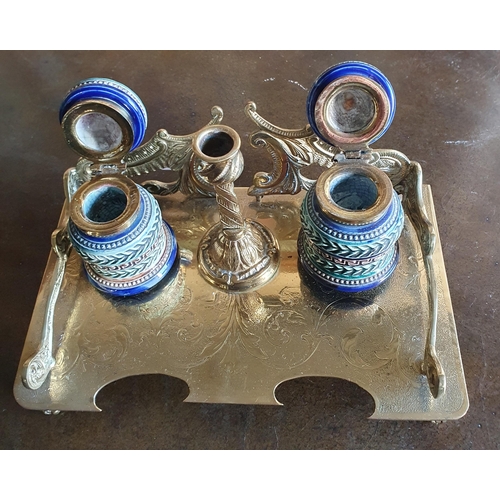 774 - A lovely 19th Century Brass Desk Set with a pair of 19th Century Royal Doulton Salt Glaze ink Wells.... 