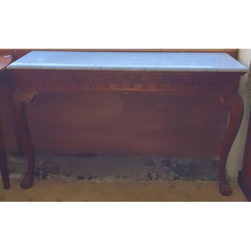 775 - A wall mounted Mahogany Side Table with a white marble top. 124 x 34 x H 77 cm approx.