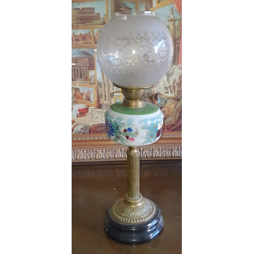 778 - A 19th Century Brass oil Lamp with hand painted glass Bowl. H 63 cm approx.