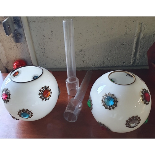 781 - A pair of 19th Century milk glass Shades with decorative Mounts along with two Funnels. H 15 cm appr... 