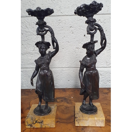 807 - A good pair of late 19th Century Bronze Candlesticks on Sienna marble bases. H 29 cm approx.