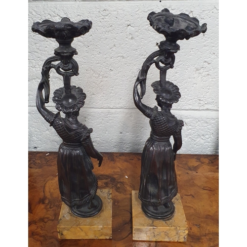 807 - A good pair of late 19th Century Bronze Candlesticks on Sienna marble bases. H 29 cm approx.