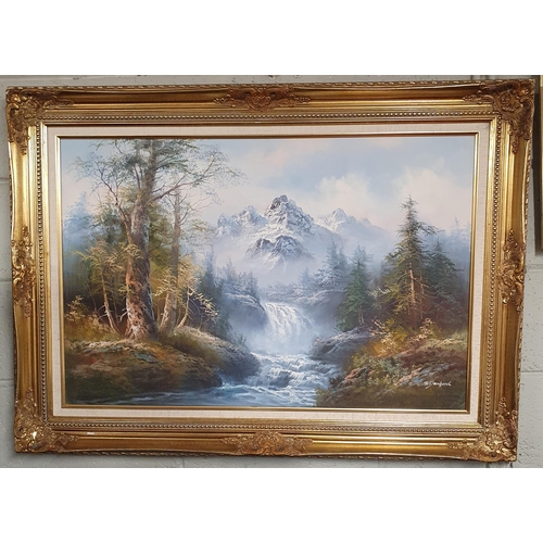 887 - A large Oil on Canvas of a mountainous landscape with a waterfall by R Ganford in a really good gilt... 