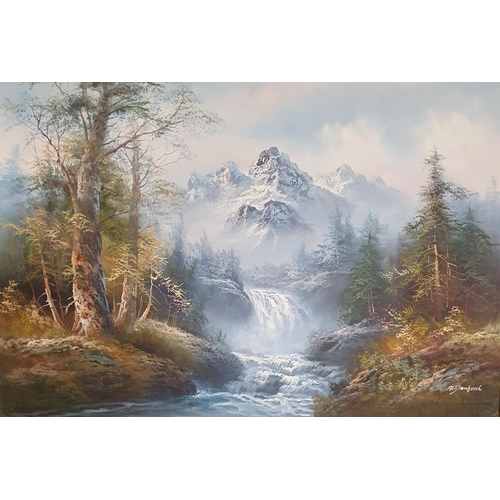 887 - A large Oil on Canvas of a mountainous landscape with a waterfall by R Ganford in a really good gilt... 