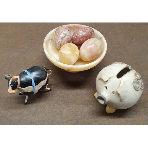 1004 - A Vintage handmade Sylvia Haye stoneware money piggy Bank, a farm cow Ornament along with a 1970's V... 