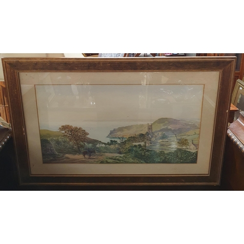 1008 - S W Stane. A 19th Century Watercolour of a coastal scene with people walking down a path and a villa... 