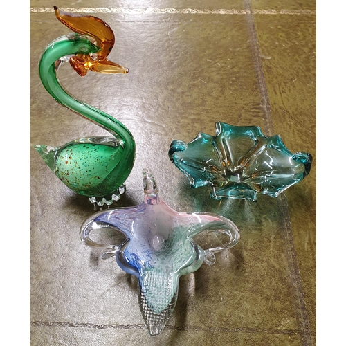 1040 - A group of three Art Glass Items depicting birds along with a centre dish. Probably Murano.