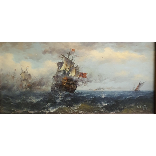 1048 - After S Duffy. An Oil on Canvas of Battle Ships in full battle. Signed S Duffy LR. In a good contemp... 