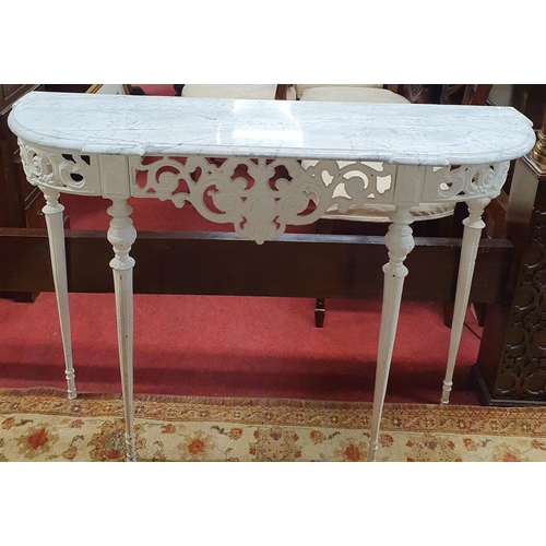 1135 - A narrow Metal Side Table with pierced outline and white marble top.
H 79 x W 103 x D 33 cm approx.