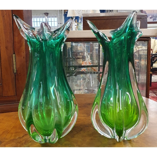 998 - A pair of green ground Bohemian Glass Vases. H 30 cm approx.