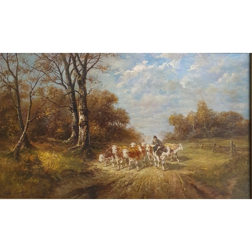 1074 - John Taylor, an Oil on Board of a farmer driving his cattle down a pathway. Indistinctly signed LL. ... 