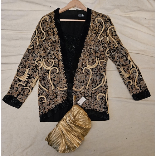 894 - An opulent Gold and Black silk beaded evening Jacket with sequined top along with a vintage Gold eve... 