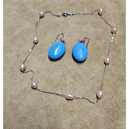 972 - An 18k Gold and Pearl Necklace stamped 18K, along with a pair of Turquoise Earrings.