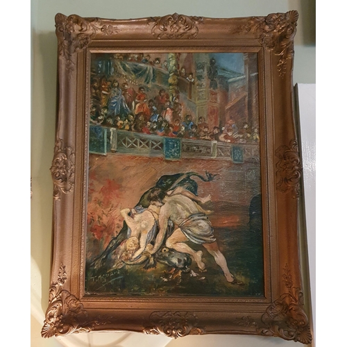 105 - A 20th Century Oil on Canvas, possibly Spanish, of a bull goring a woman in a timber and plaster gil... 