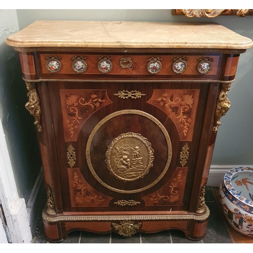 113 - A 20th Century Walnut and Veneered Side Cabinet with highly moulded ormolu mounts and marble top. 87... 