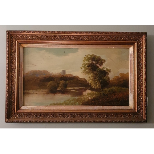 124 - A 19th Century Oil on Board of a river scene with a church in the distance. No apparent signature. 2... 