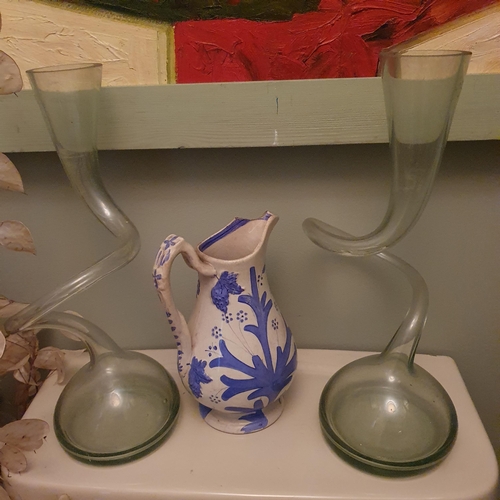 151 - Two unusual Glass Vases along with a 19th Century jug. AF. and a po.