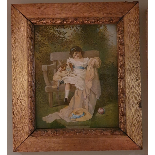 164 - A 19th Century coloured Print of a young Girl sitting with her dog. In a good original oak frame. 47... 