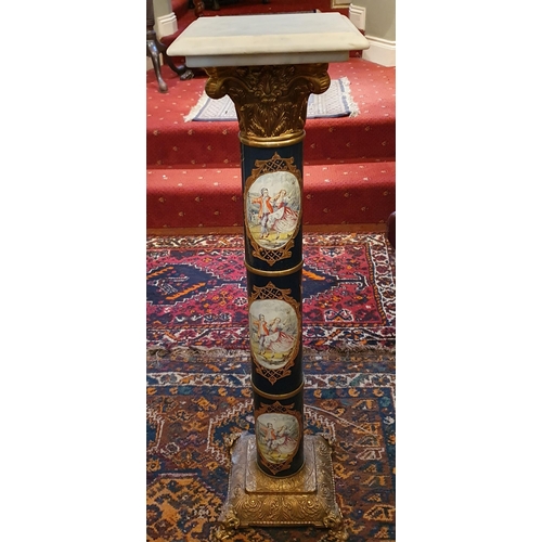 192 - An unusual 20th Century Urn Stand with a highly painted circular shaft, highly moulded and brass bas... 