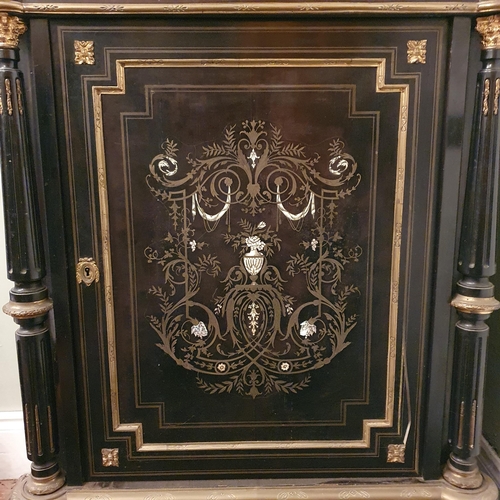 200 - A 19th Century ebonised, brass mounted and brass inlaid Side Cupboard, with marble top, the frieze a... 