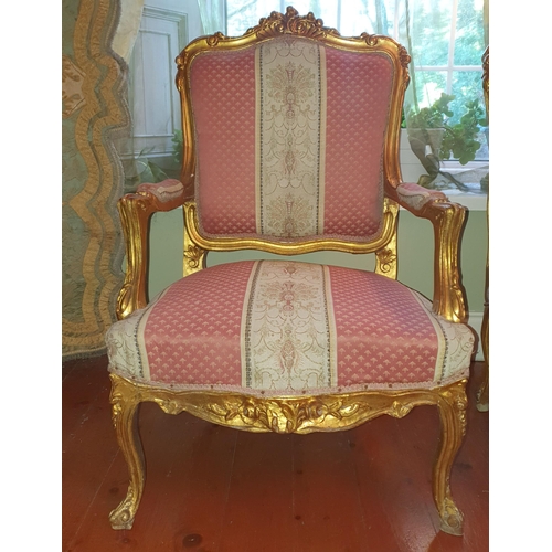 22 - A good pair of late 19th early 20th Century Continental Timber and Gilt Armchairs on carved cabriole... 