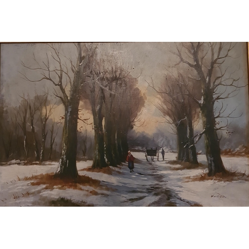 4 - A 19th Century Oil on Board of a Woman walking down a snowy path. Indistinctly signed LR. Possibly W... 