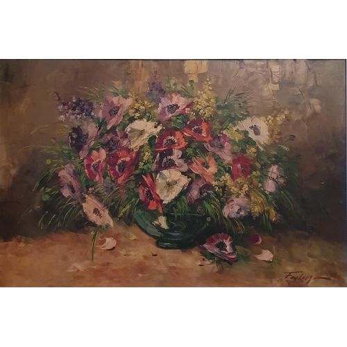 47 - An early 20th Century Oil on Canvas still life of flowers in a vase on a table setting. Signed Furlo... 