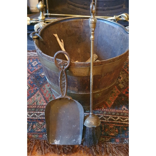 58 - A 19th Century Oak Coal Bucket with brass rim and brass lifting handle to include a brush and shovel... 