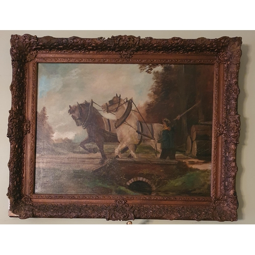 63 - A 19th Century Oil on Canvas of two working horses at logging. Signed Mam. Matthys LR. In a good tim... 