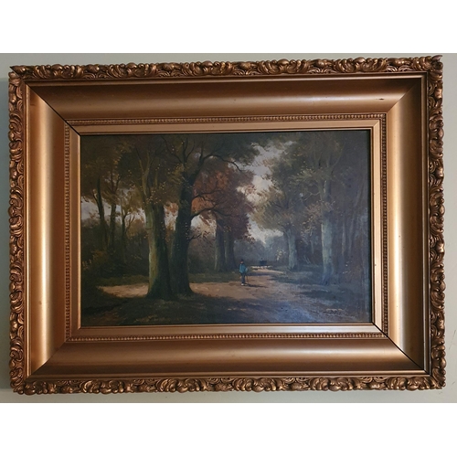 69 - A 19th Century Oil on Canvas of a Man walking down a wooded path. In a good gilt frame. No apparent ... 