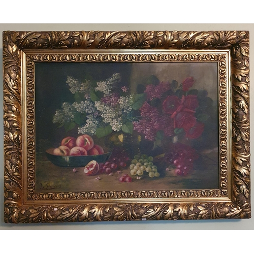 70 - A 19th Century Oil on Canvas still life of fruit on a table setting with a bunch of flowers. Possibl... 