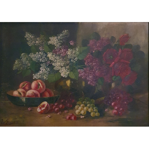 70 - A 19th Century Oil on Canvas still life of fruit on a table setting with a bunch of flowers. Possibl... 