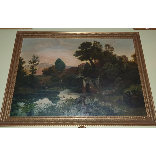 73 - A fantastic 19th Century Oil on Canvas of a lily pond landscape with a ruined castle and mountains i... 