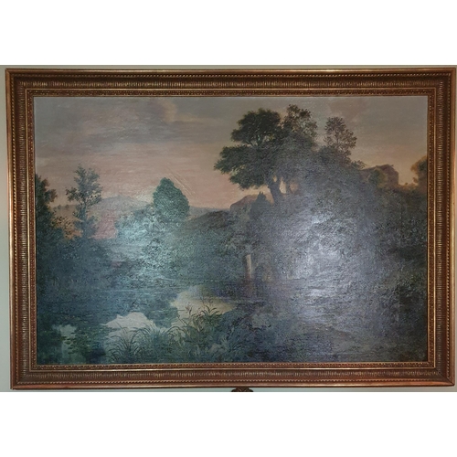 73 - A fantastic 19th Century Oil on Canvas of a lily pond landscape with a ruined castle and mountains i... 