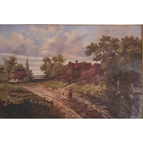 74 - A 19th Century Oil on Canvas of a Woman walking down a path with children. Indistinctly signed LR. I... 