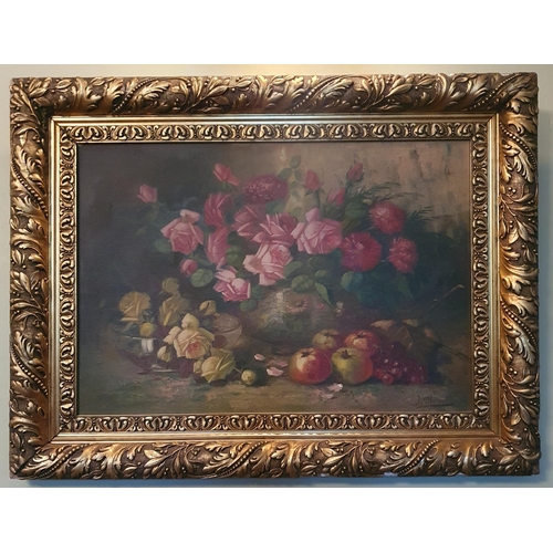 76 - A late 19th early 20th Century Oil on Canvas still life of flowers in a vase  with fruit on a table ... 