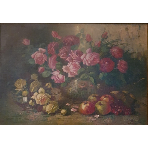 76 - A late 19th early 20th Century Oil on Canvas still life of flowers in a vase  with fruit on a table ... 