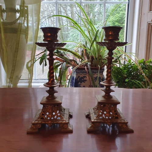 96 - A lovely pair of late 19th Century Brass Candlesticks with pierced outline and barley twist supports... 