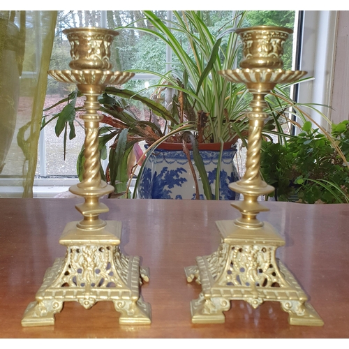 96 - A lovely pair of late 19th Century Brass Candlesticks with pierced outline and barley twist supports... 